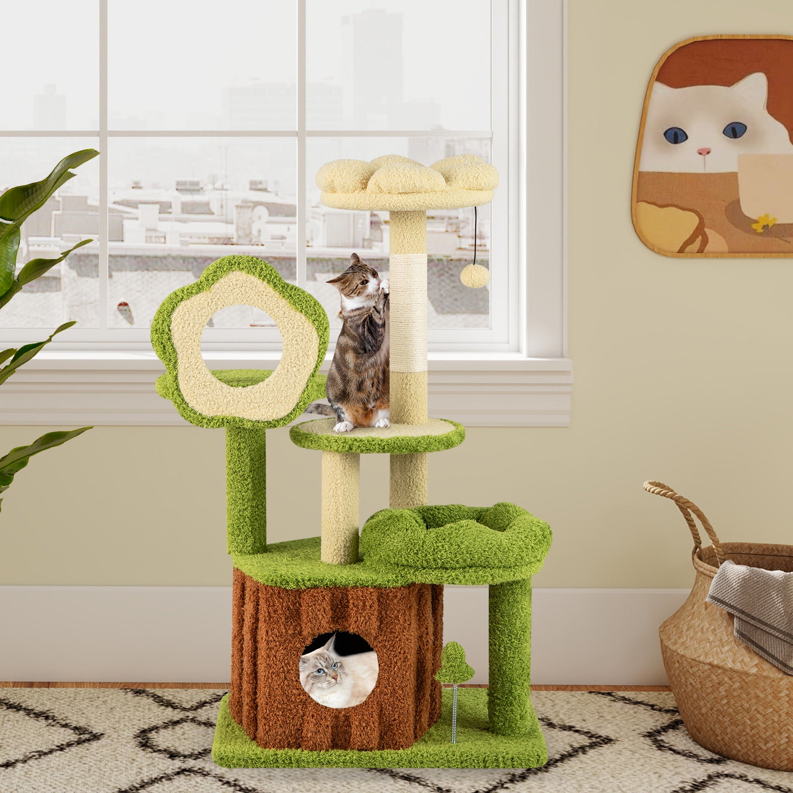 Cute Cat Tree for Adult Cats Multi-level Kitty Tower with Trunk Condo, Green Cat Trees Condos & Scratchers at Gallery Canada