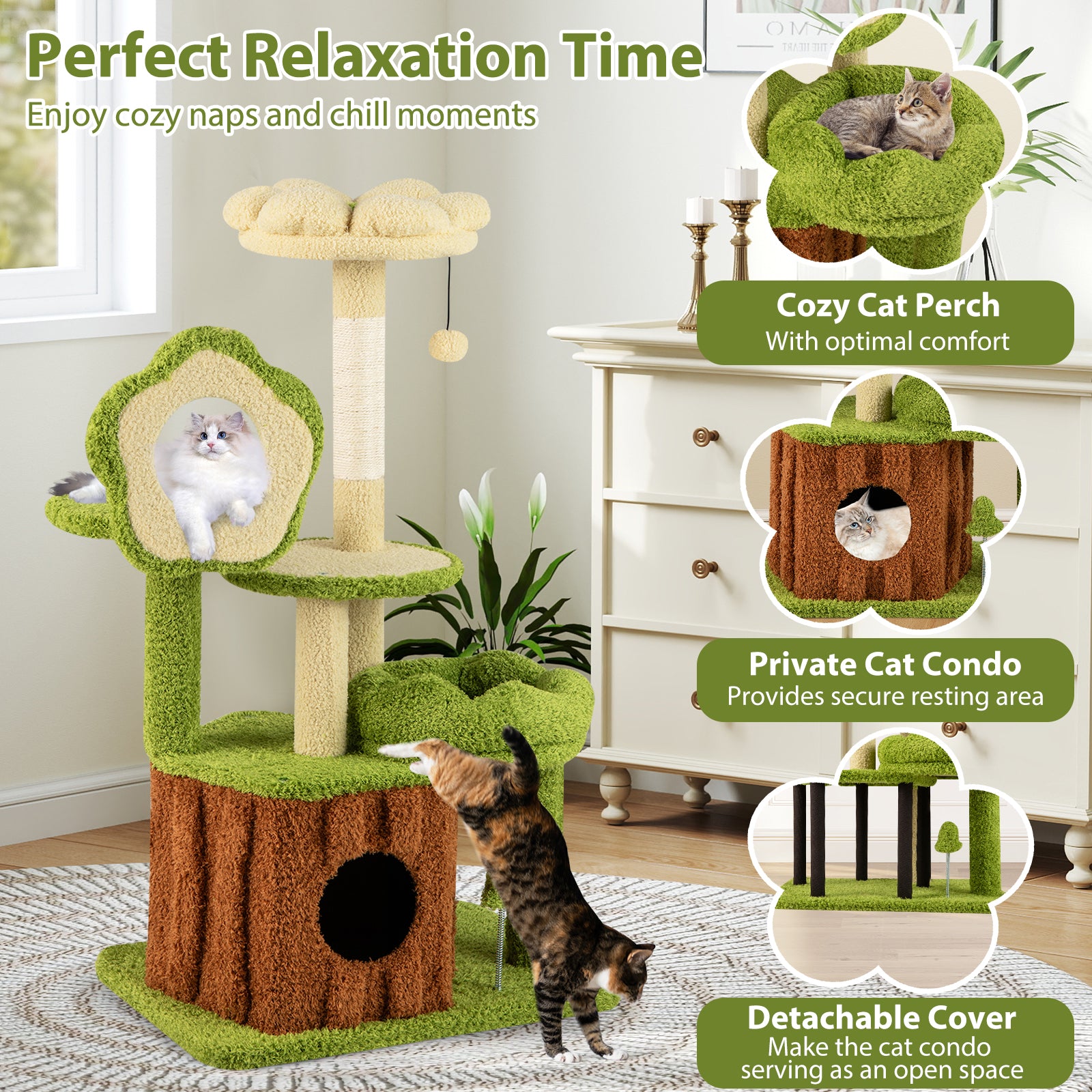 Cute Cat Tree for Adult Cats Multi-level Kitty Tower with Trunk Condo, Green Cat Trees Condos & Scratchers at Gallery Canada