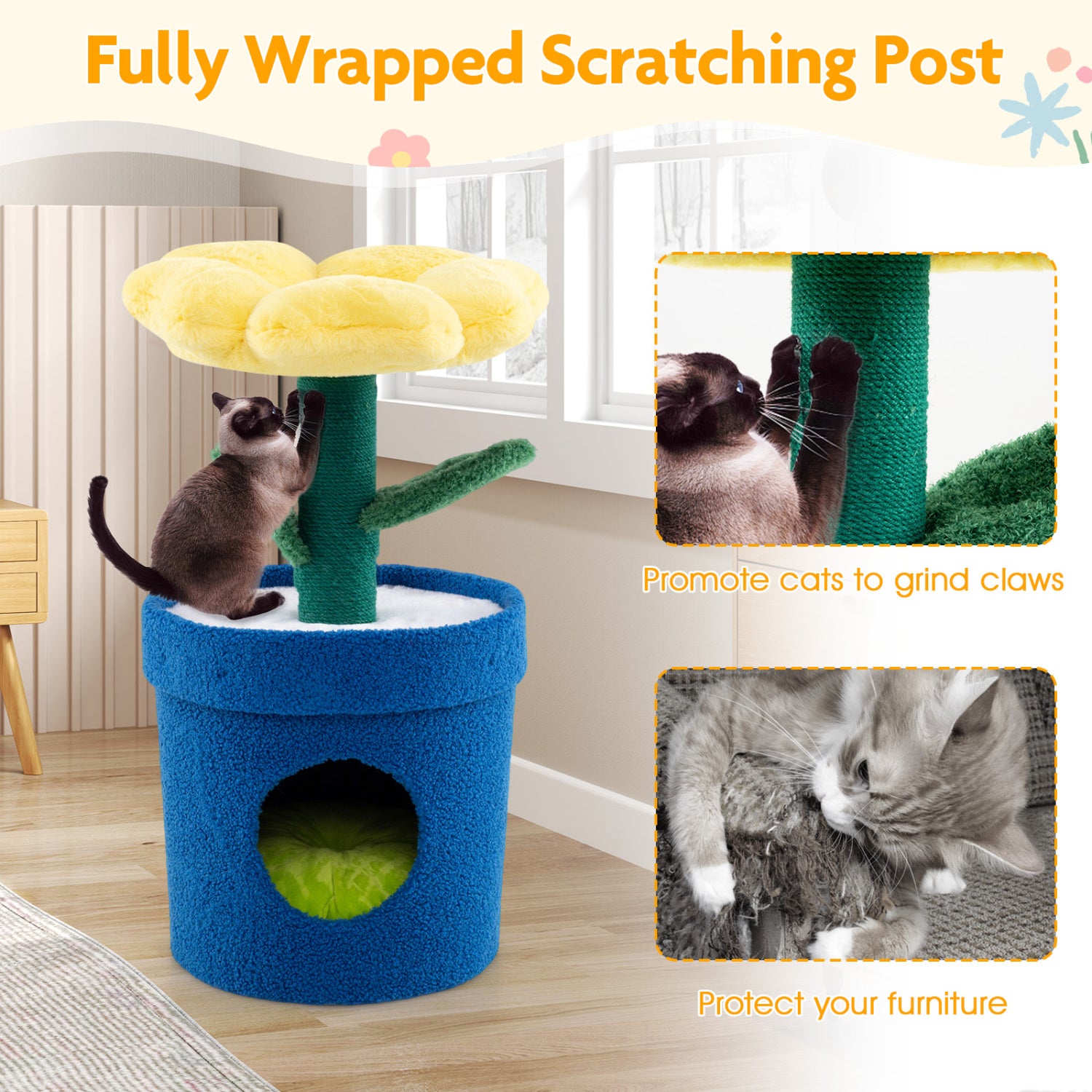 Cute Cat Tree With Flower Perch, Yellow Cat Trees Condos & Scratchers at Gallery Canada