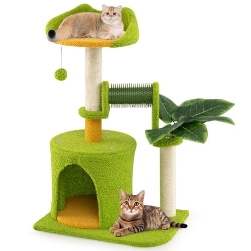Cute Palm Cat Tree for Indoor Cats with Artificial Leaves, Green