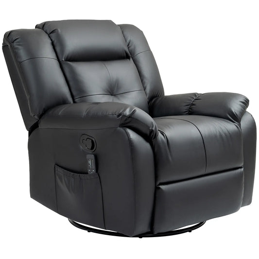 8-Point Vibration Massage Recliner Chair, PU Leather, 360° Swivel, Black Single Sofas Black at Gallery Canada