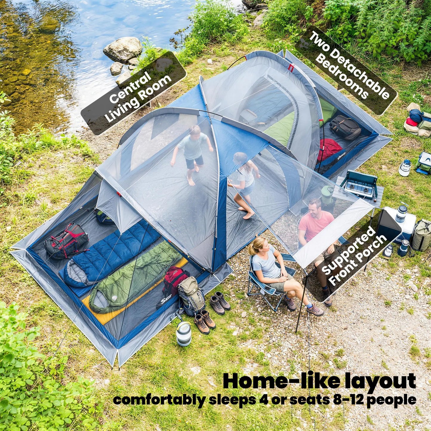 Multi-Room Camping Tent, 8-12 Person, 3000mm Waterproof Rainfly, Screen Panels Camping Tents at Gallery Canada