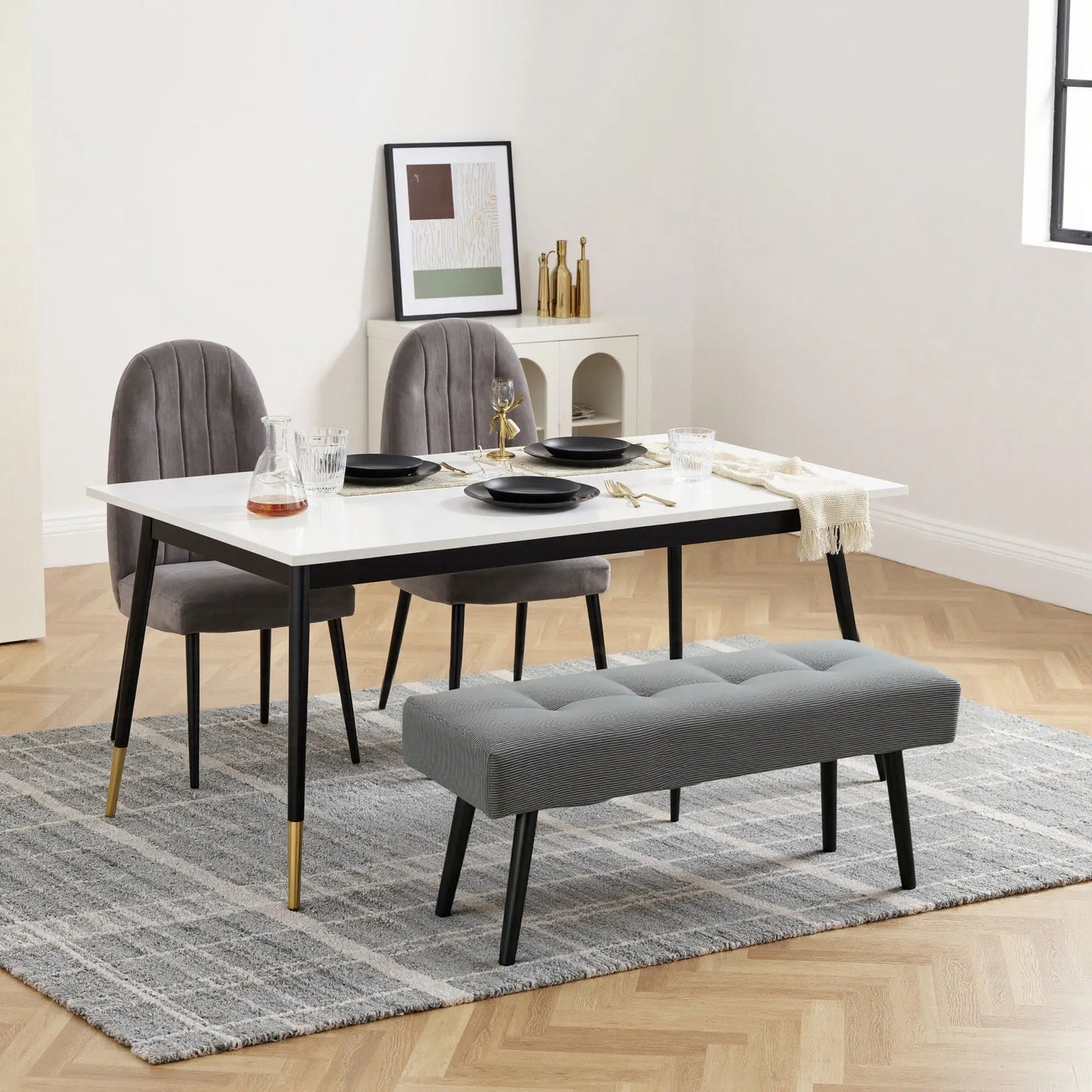 39" Upholstered Ottoman Bench, Corduroy, Padded Seat, Steel Legs, Grey Storage Ottomans & Benches at Gallery Canada