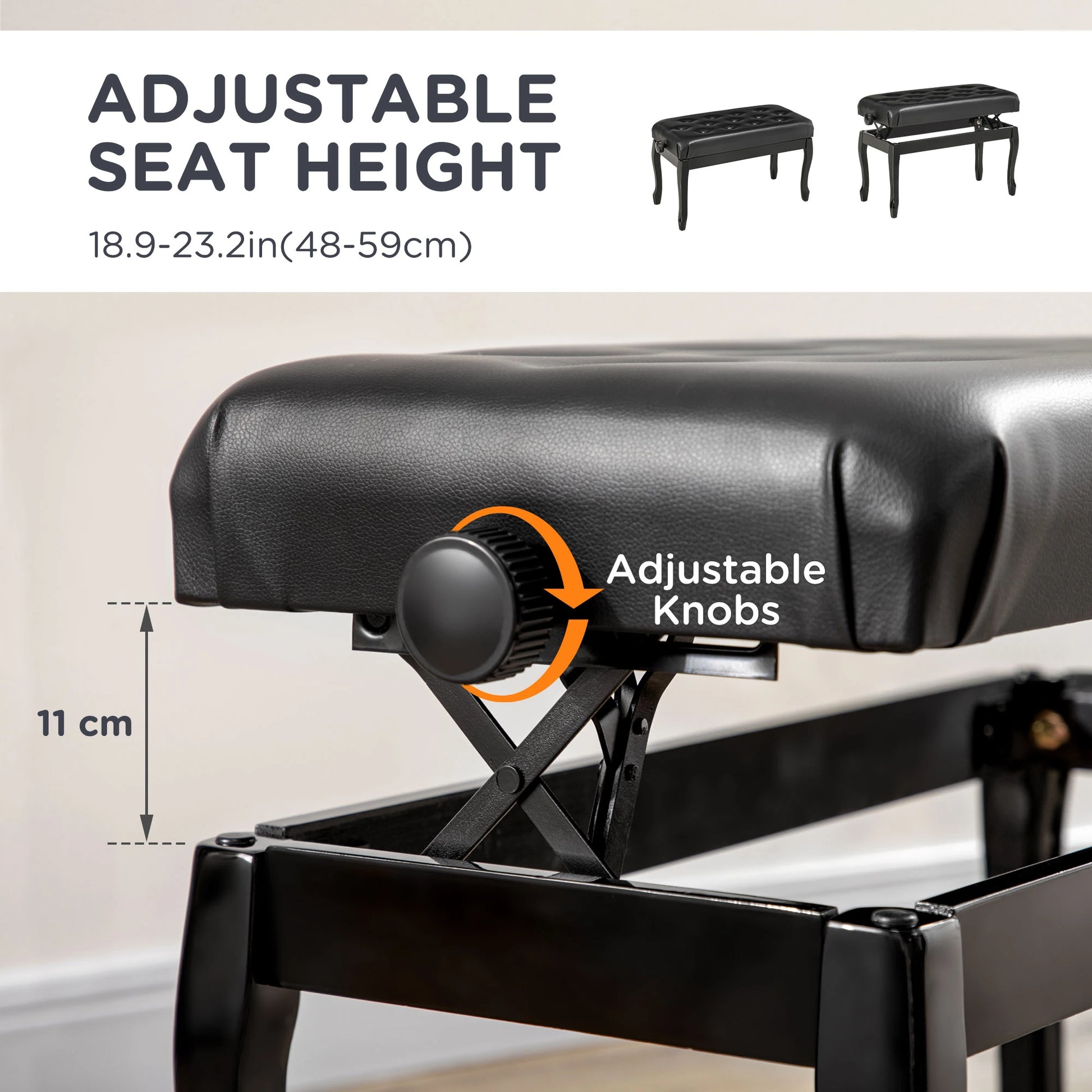 Adjustable Piano Bench, PU Leather, Button Tufted, Black Piano Benches at Gallery Canada