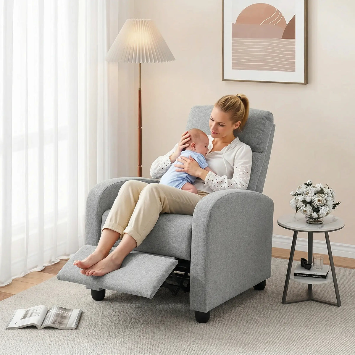 Fabric Recliner Manual Sofa Armchair, Light Grey Single Sofas at Gallery Canada