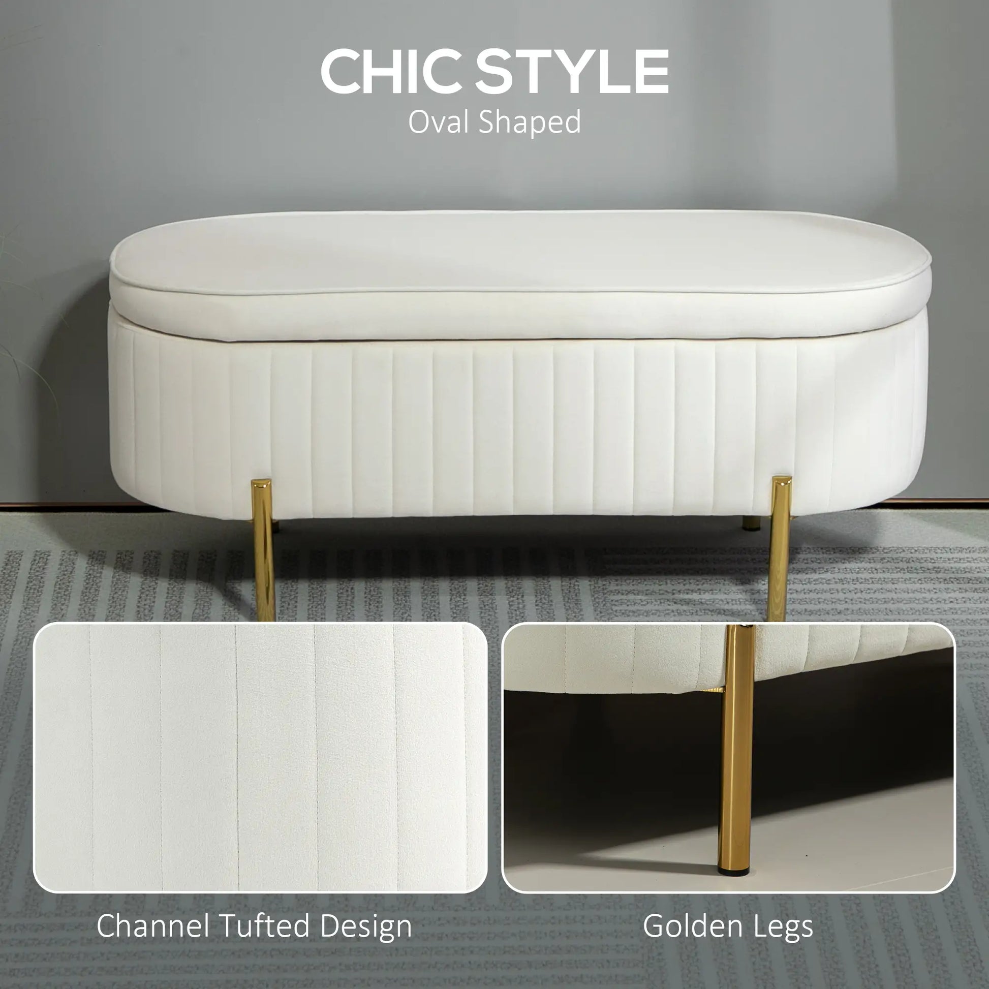 Upholstered Channel Tufted Ottoman Bench, Thick Padding, Metal Legs, Cream White Storage Ottomans & Benches at Gallery Canada