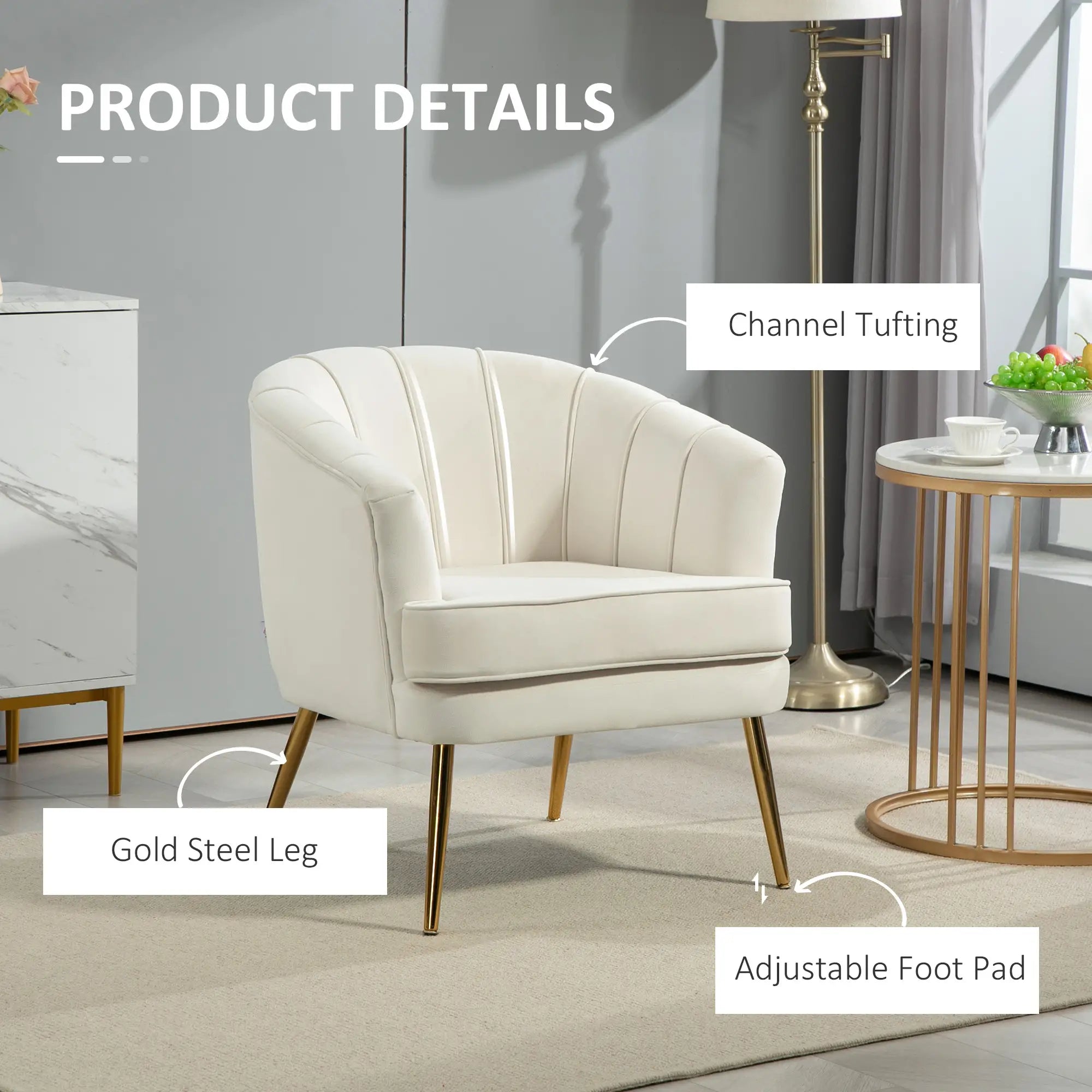 Modern Fabric Armchair, Gold Metal Legs, 32in, Cream White Accent Chairs at Gallery Canada