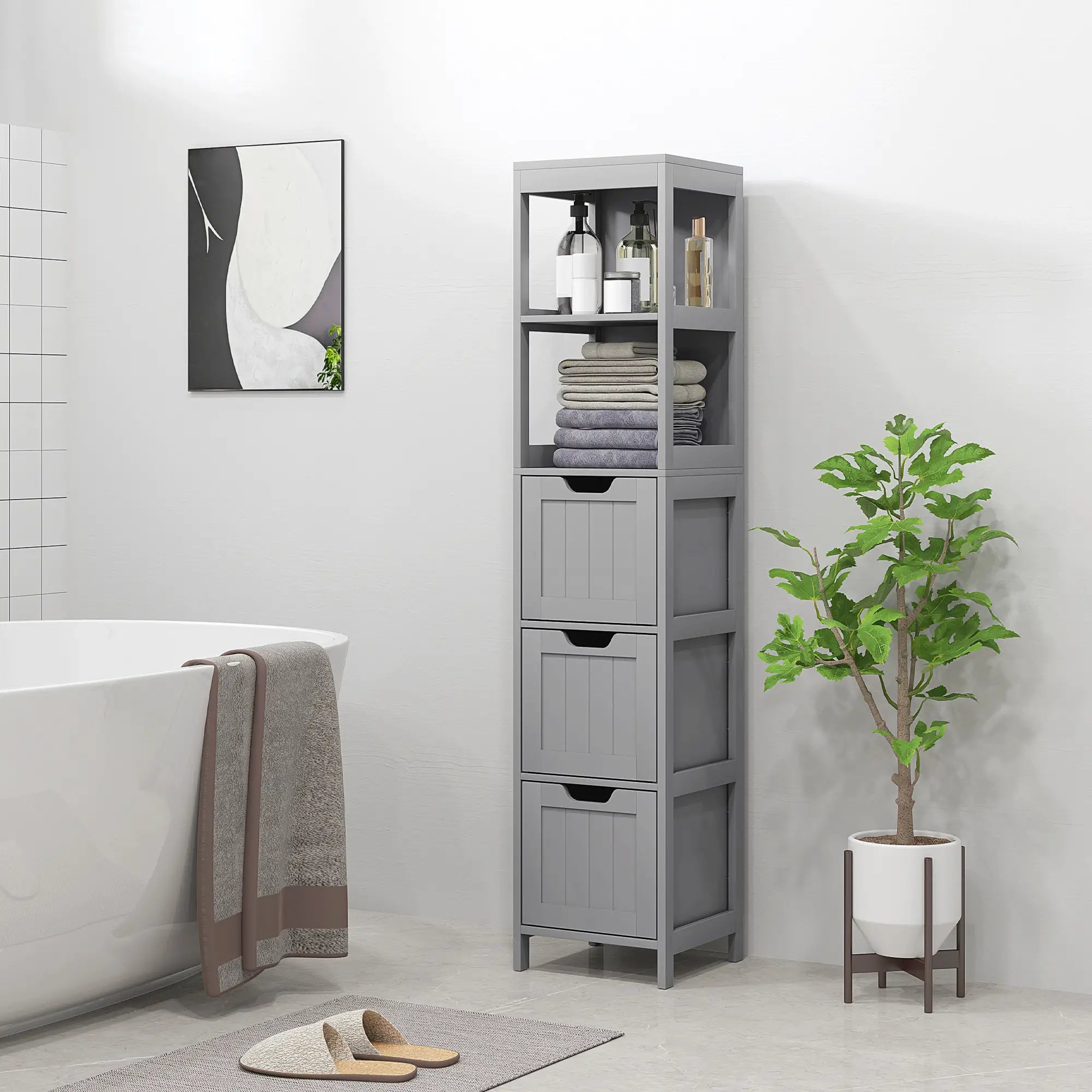 Narrow Bathroom Cabinet, 3 Drawers, 2 Tier Shelf, Tall Cupboard, Grey Bathroom Cabinets at Gallery Canada