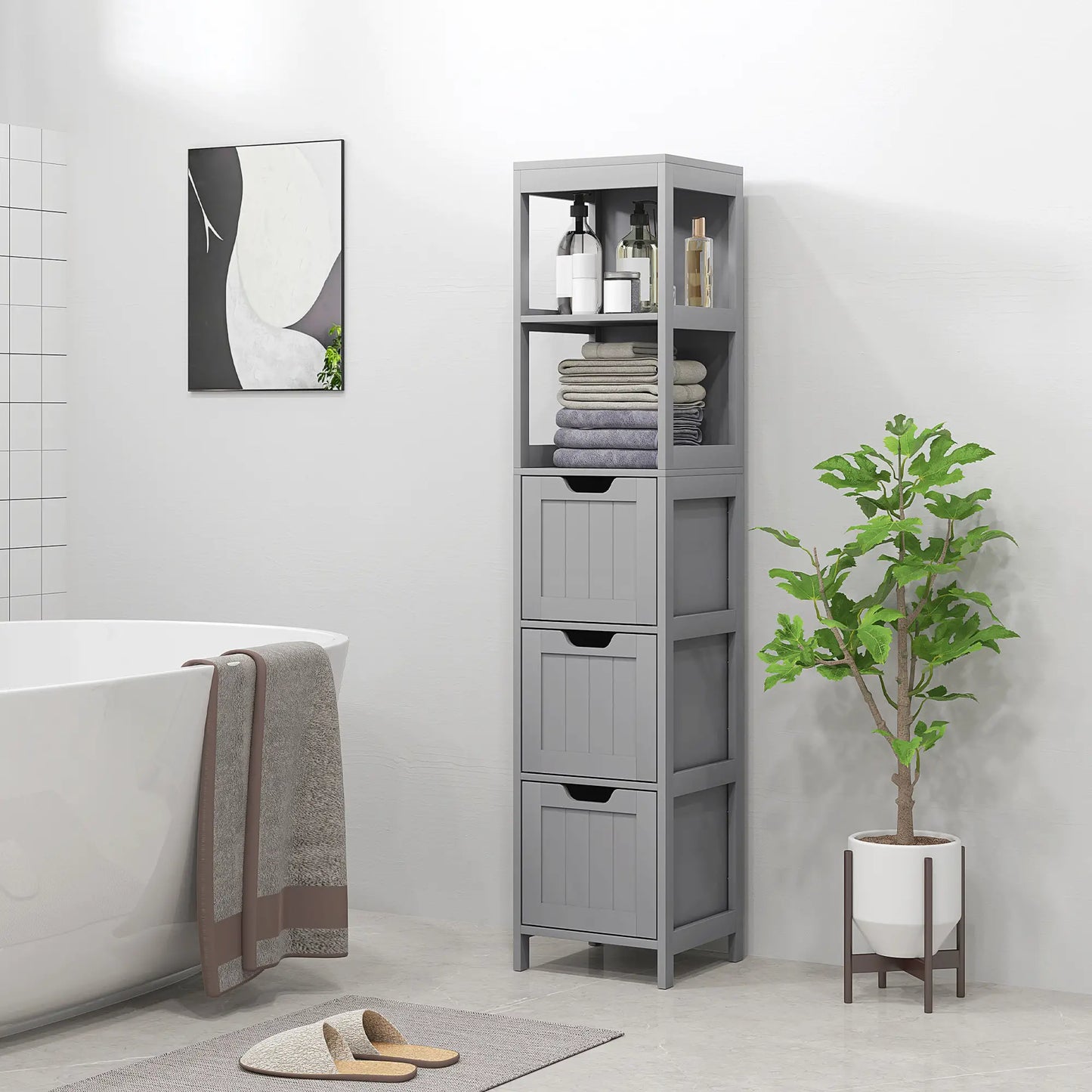 Narrow Bathroom Cabinet, 3 Drawers, 2 Tier Shelf, Tall Cupboard, Grey Bathroom Cabinets at Gallery Canada