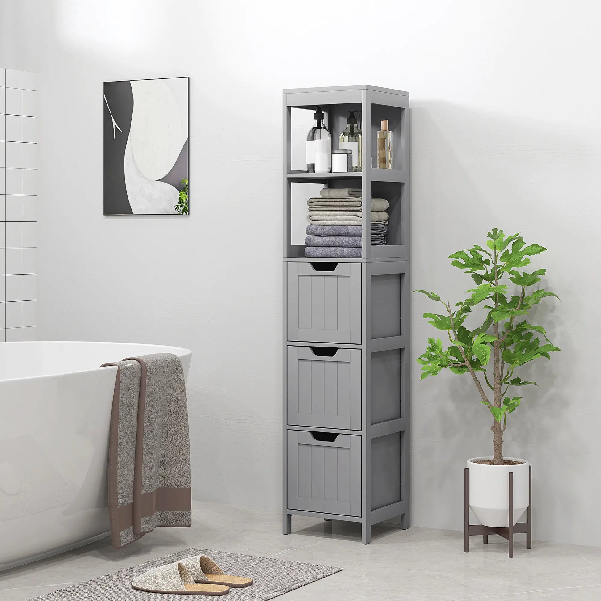 Narrow Bathroom Cabinet, 3 Drawers, 2 Tier Shelf, Tall Cupboard, Grey Bathroom Cabinets at Gallery Canada
