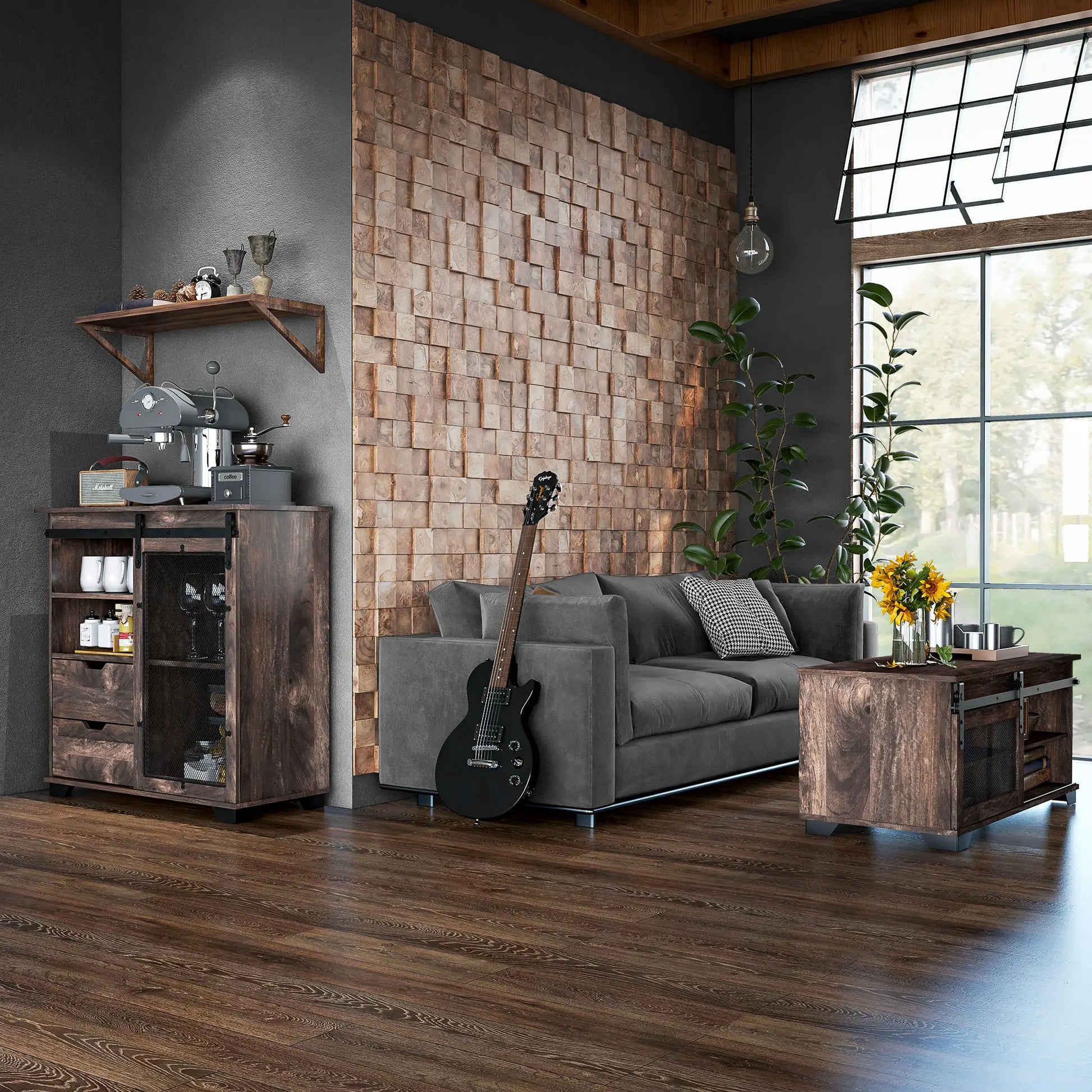 Farmhouse Coffee Table, Sliding Mesh Barn Door, Adjustable Shelf, Dark Brown Coffee Tables at Gallery Canada