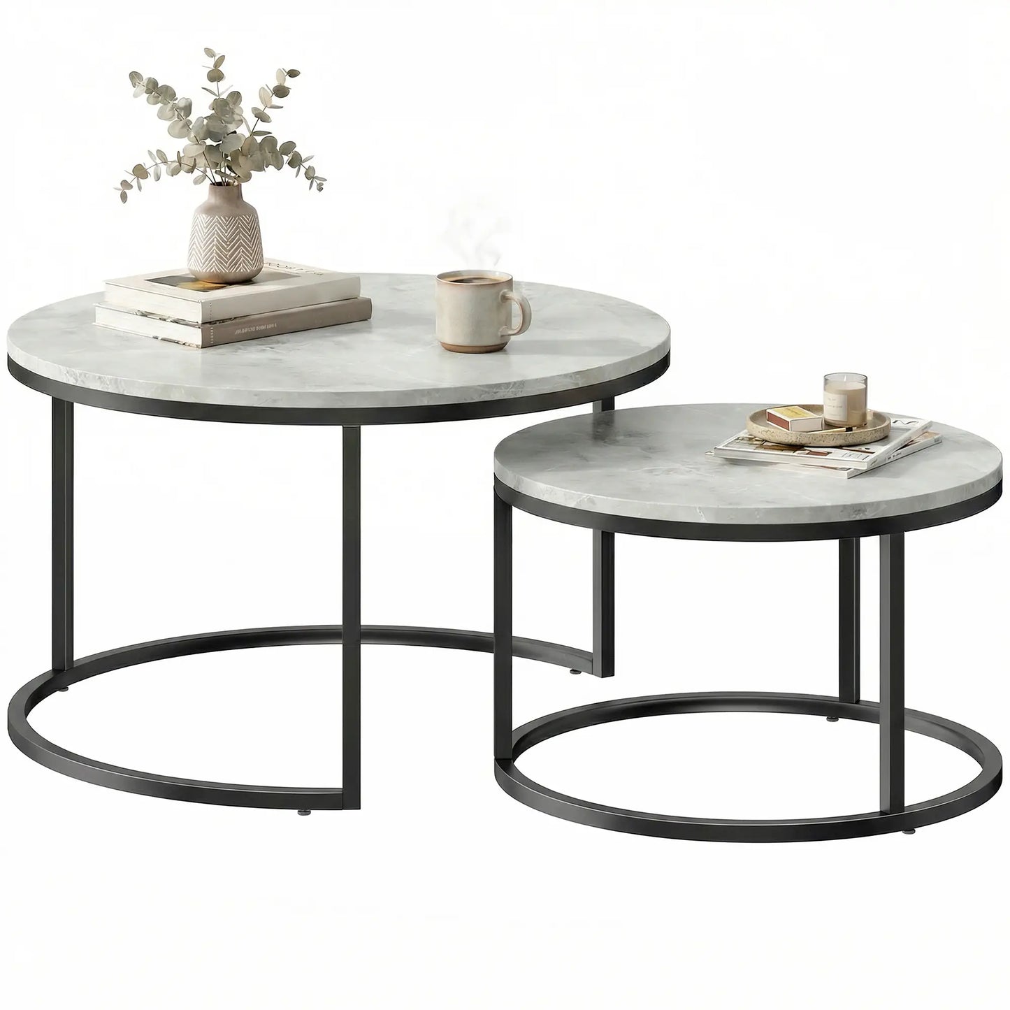 Coffee Table Set Of 2, Nesting Side Tables, Metal Base, Marble Grey, Grey Coffee Tables at Gallery Canada