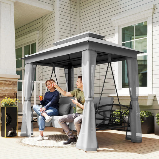 3 Person Outdoor Daybed, Canopy Gazebo Swing Chair, Grey Patio Swings with Stand Grey at Gallery Canada