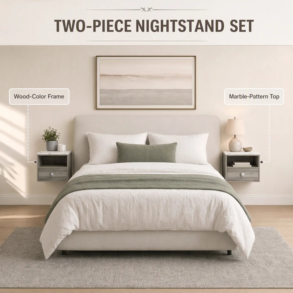 Floating Nightstands Set of 2, Drawer, Marble Top, Natural