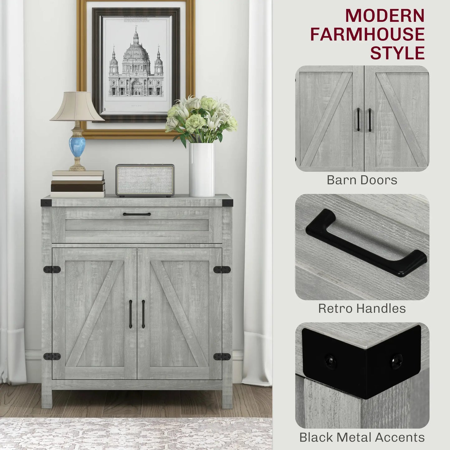 Farmhouse Kitchen Cabinet, Sideboard with 2 Barn Doors, Drawer, Grey Bar Cabinets at Gallery Canada