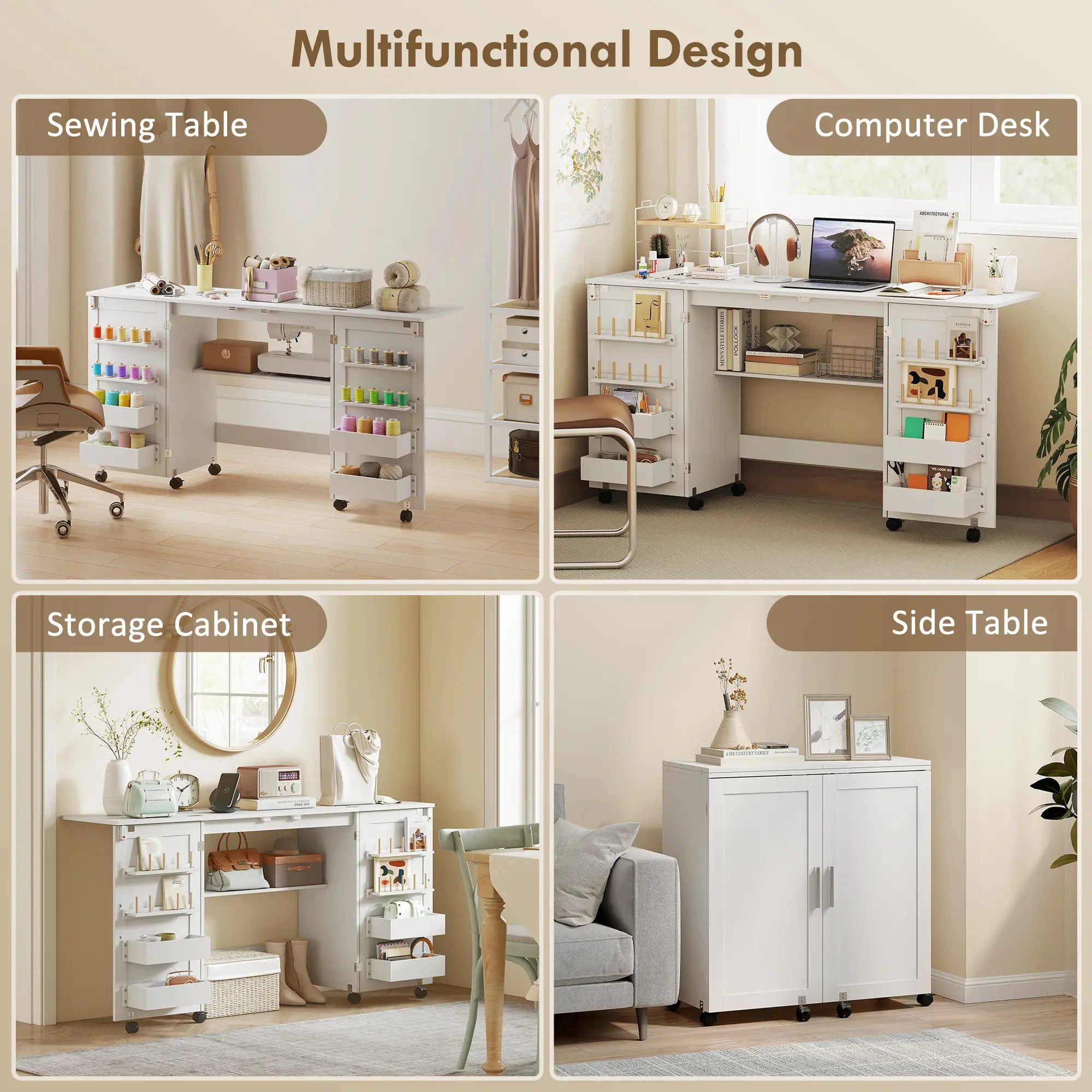 Folding Craft Table, Rolling Sewing Machine Table, Storage Shelf, White Sewing Cabinets at Gallery Canada