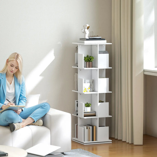 360° Rotating Bookcase, 4 Tier Bookshelf with 16 Cubbies, White Wood Grain, White
