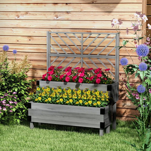 Raised Garden Bed with Trellis, 2 Tier Wooden Planter Box, Grey