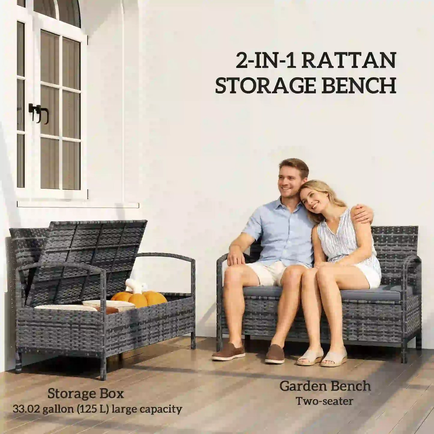 33 Gallon Outdoor Storage Bench, Wicker Deck Box Patio Seat, Grey Outdoor Benches at Gallery Canada