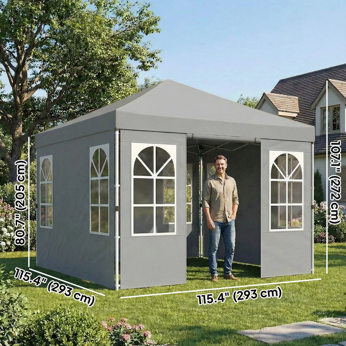 9.6 x 9.6 ft Pop Up Canopy Tent, 4 Sidewalls, UPF 50+, Light Grey
