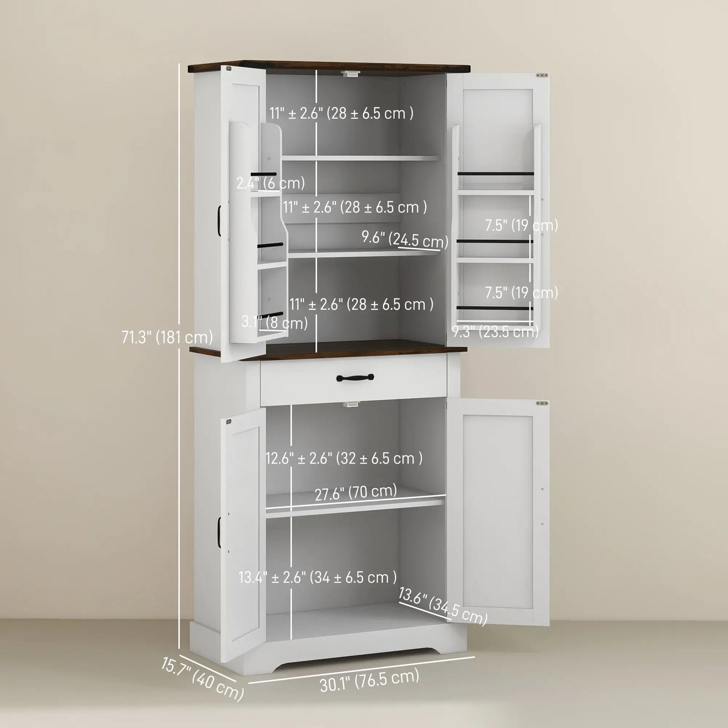 71" Tall Kitchen Cabinet, Farmhouse Pantry with Barn Doors, White Kitchen Pantry Cabinets at Gallery Canada