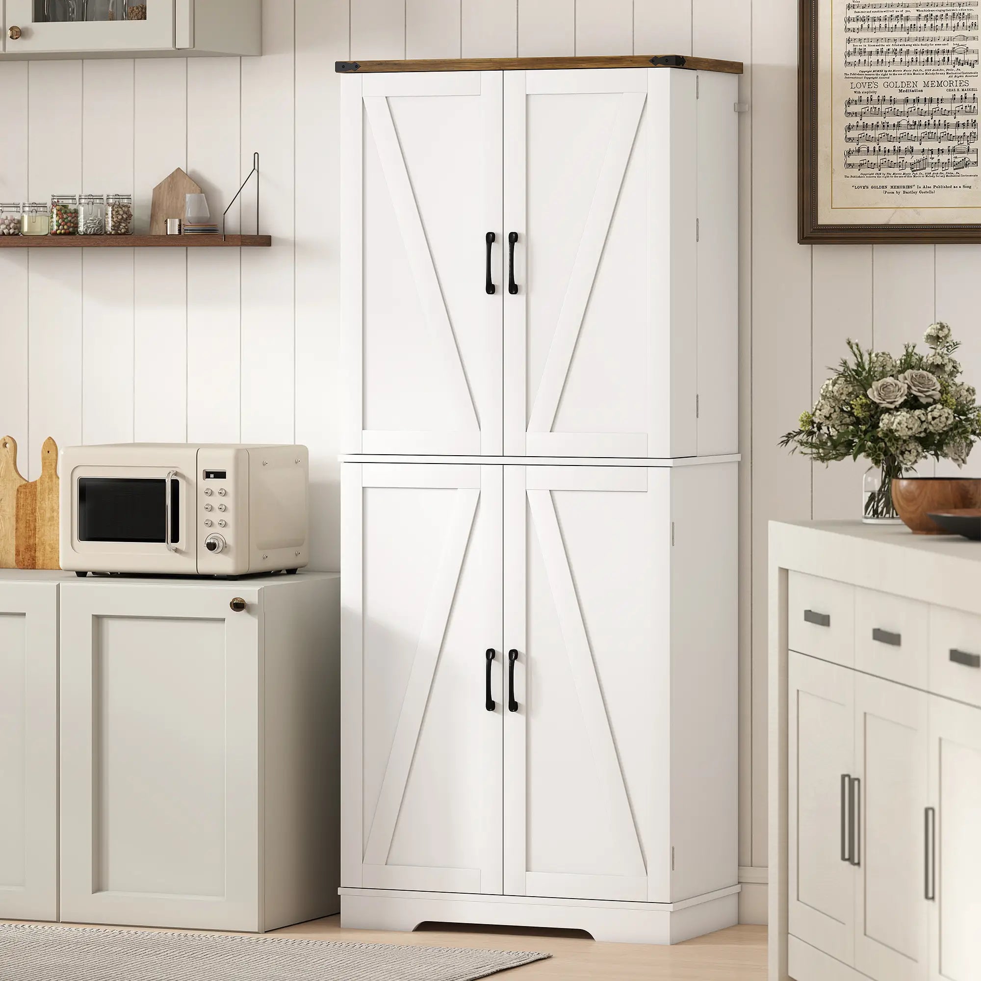 72 Inch Kitchen Pantry Cabinet, Farmhouse Storage with 4 Doors, Drawer, White Kitchen Pantry Cabinets at Gallery Canada