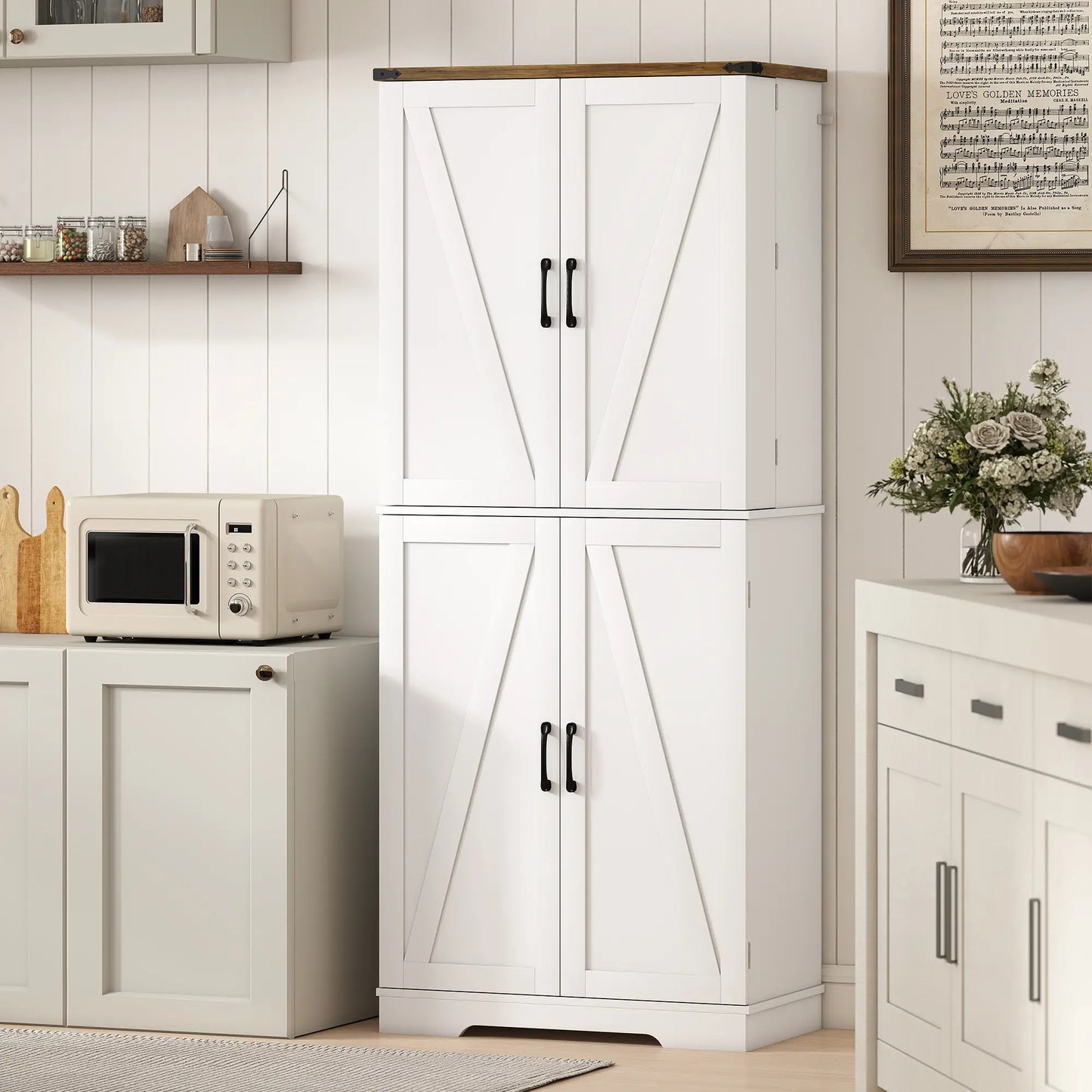 72 Inch Kitchen Pantry Cabinet, Farmhouse Storage with 4 Doors, Drawer, White Kitchen Pantry Cabinets at Gallery Canada