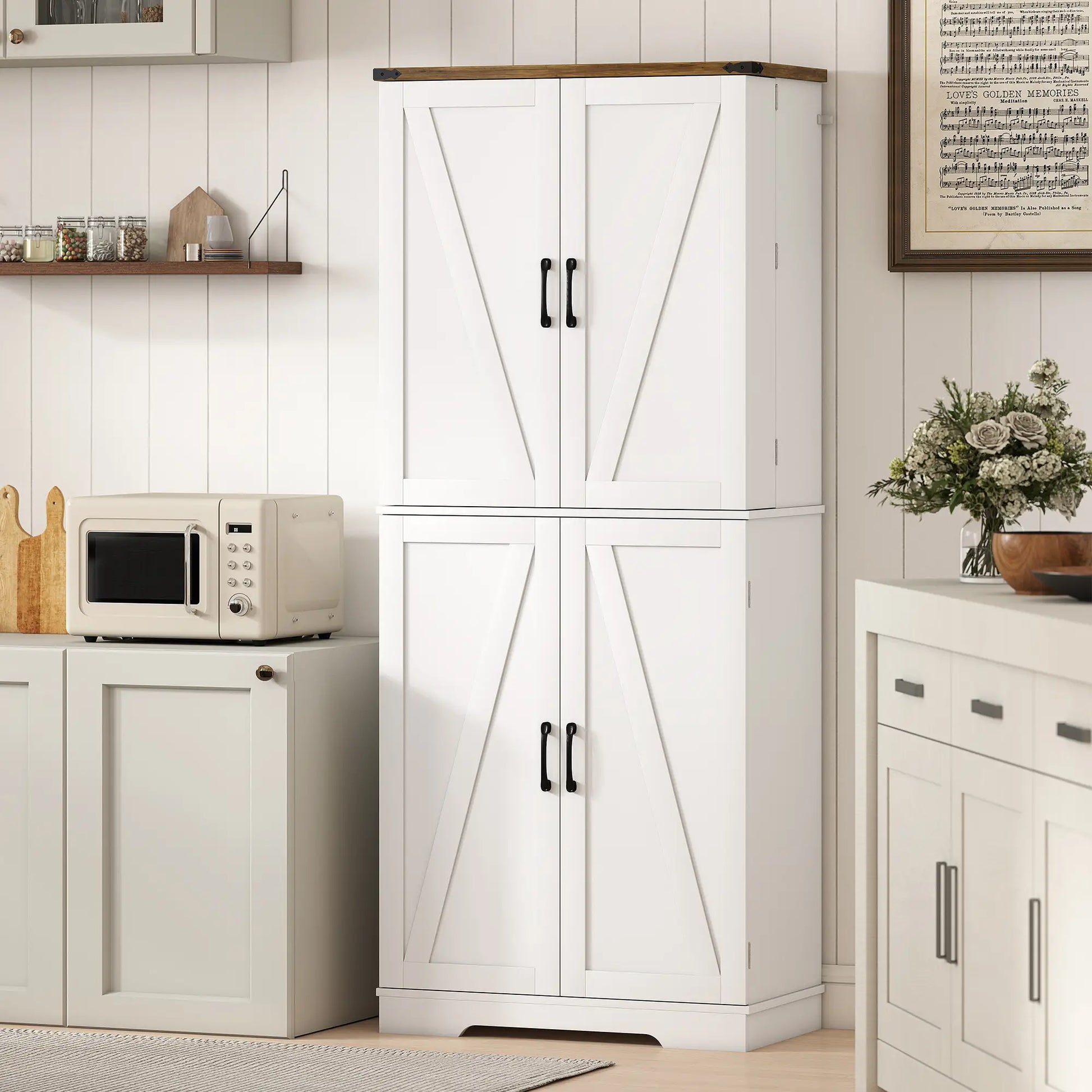72 Inch Kitchen Pantry Cabinet, Farmhouse Storage with 4 Doors, Drawer, White Kitchen Pantry Cabinets at Gallery Canada
