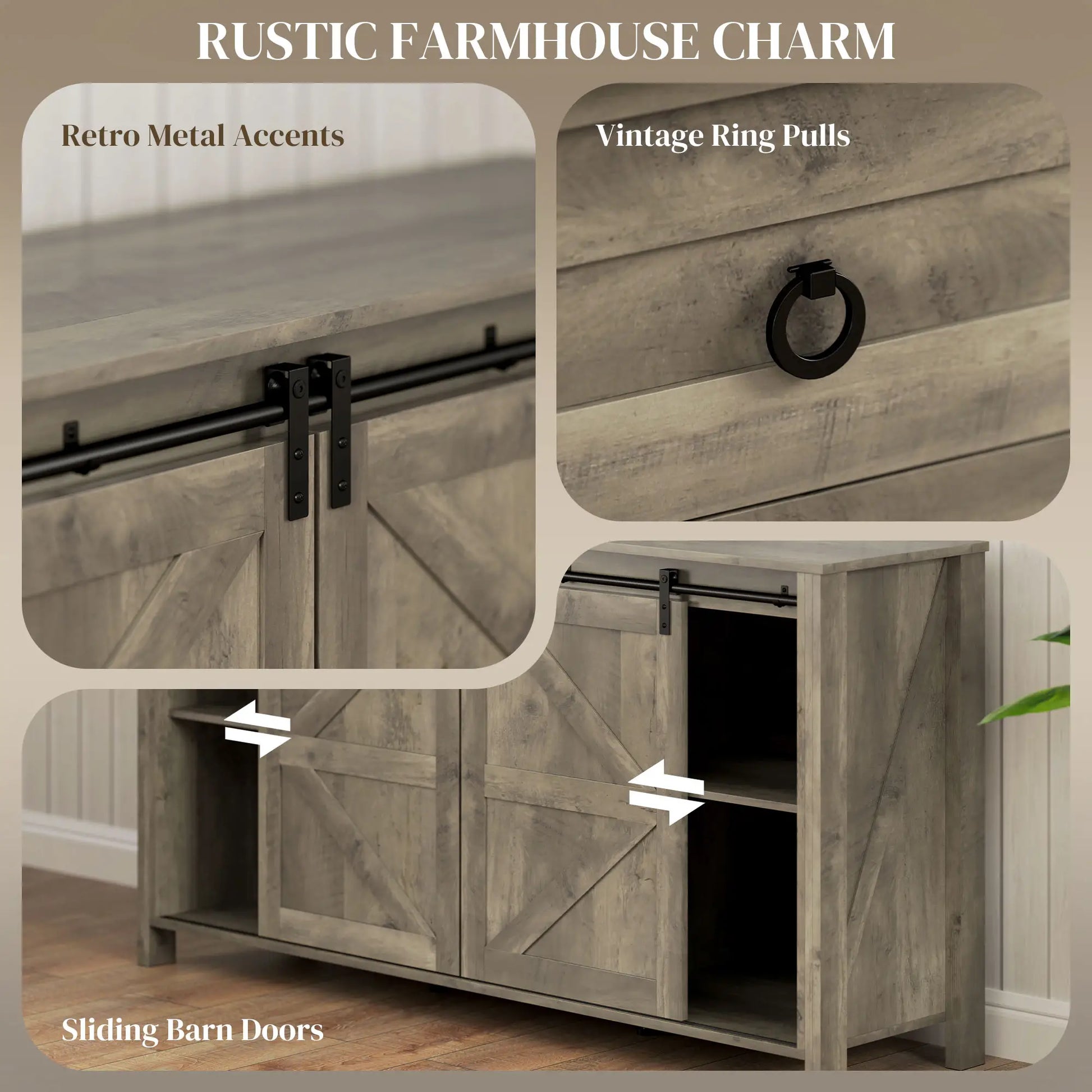 60" Buffet Cabinet, Farmhouse Sideboard, Sliding Barn Doors, Light Grey Bar Cabinets at Gallery Canada