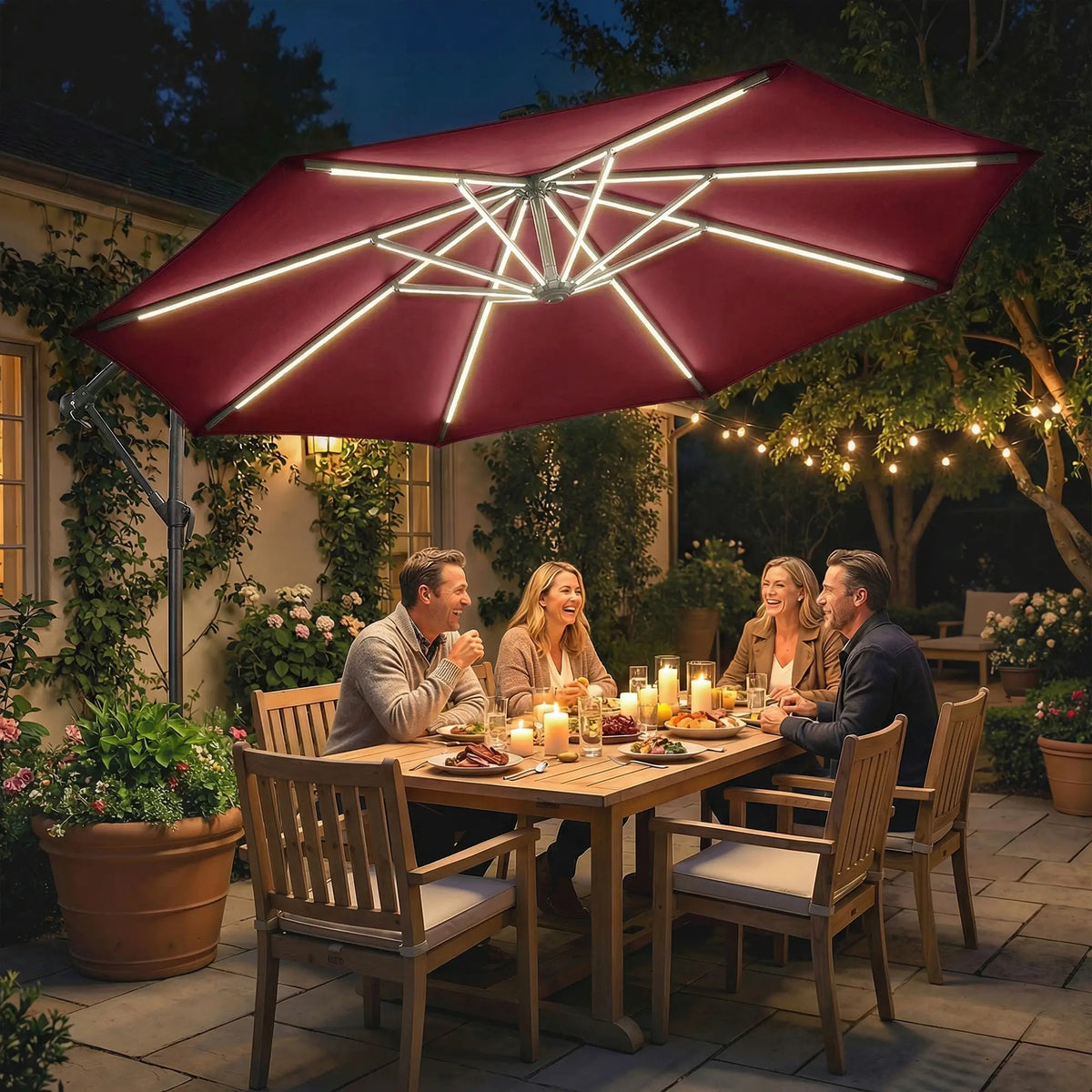 10 ft Offset Patio Umbrella, Solar Light, 360° Rotation, Tilt, Wine Red Offset Cantilever Umbrellas at Gallery Canada