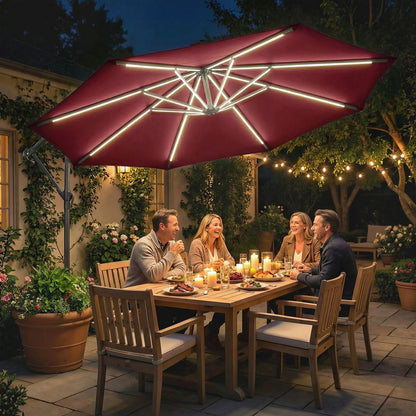 10 ft Offset Patio Umbrella, Solar Light, 360° Rotation, Tilt, Wine Red Offset Cantilever Umbrellas at Gallery Canada