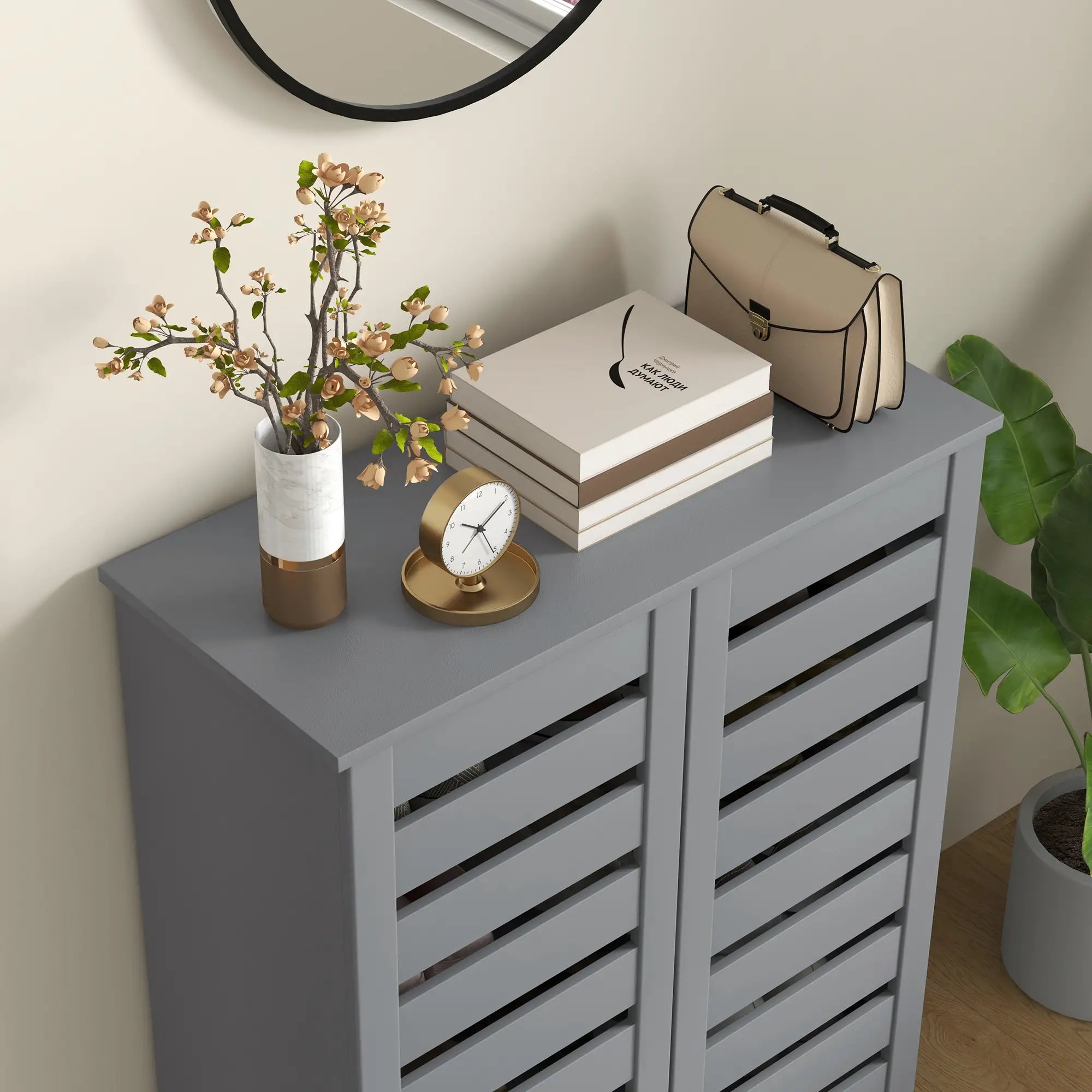 Shoe Storage Cabinet, 2 Slatted Doors, Holds 15 Pairs, Dark Grey Shoe Storage Cabinets & Racks at Gallery Canada