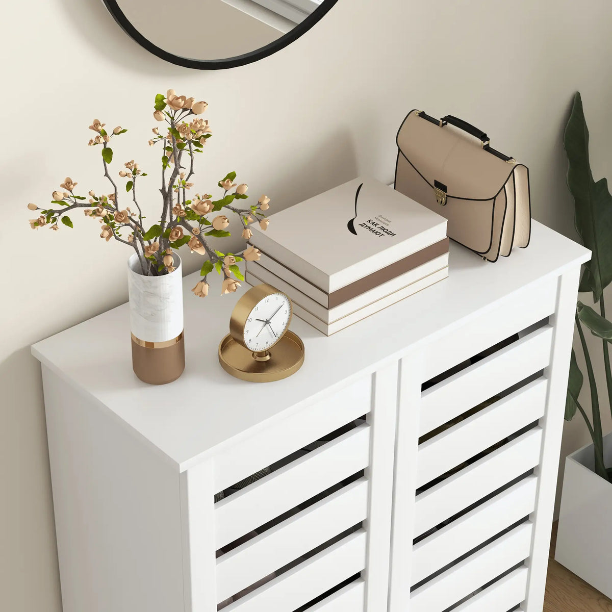Shoe Storage Cabinet, 2 Slatted Doors, Holds 15 Pairs, White