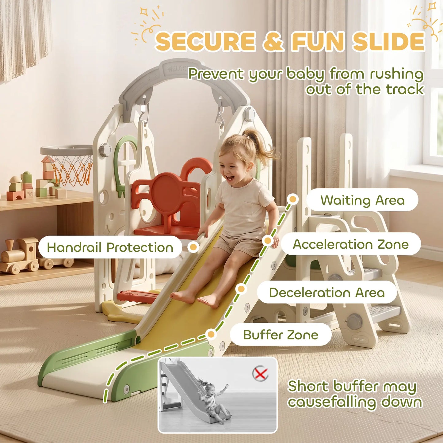 Ensemble de toboggan et balançoire pour tout-petits 5-en-1 avec siège réglable, crème