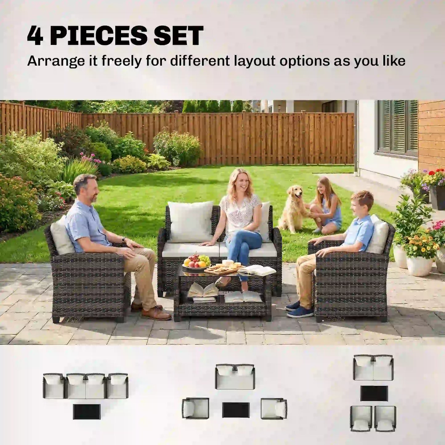 4 Piece Wicker Patio Furniture Set, Loveseat, Chairs, 2 Tier Table, Beige Patio Furniture Sets at Gallery Canada