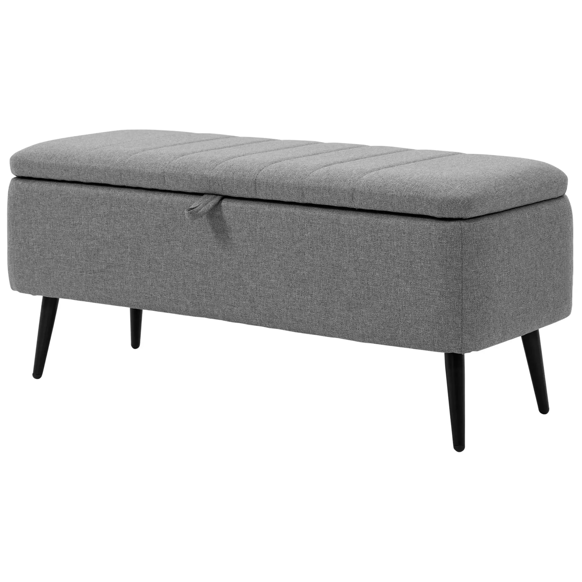 40" Ottoman with Storage, Linen Upholstered Bench, Steel Legs, Grey Storage Ottomans & Benches Grey at Gallery Canada