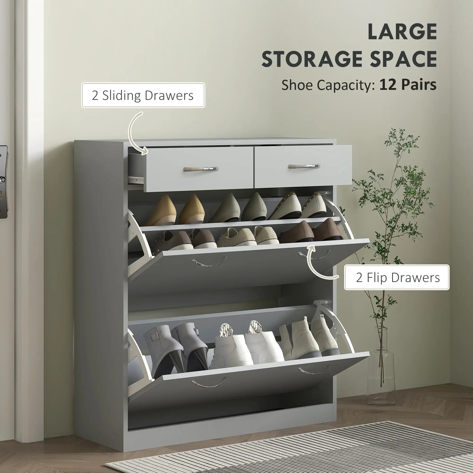 Narrow Shoe Storage, 2 Flip Drawers, Adjustable Shelves, 12 Pairs, Grey Shoe Storage Cabinets & Racks at Gallery Canada