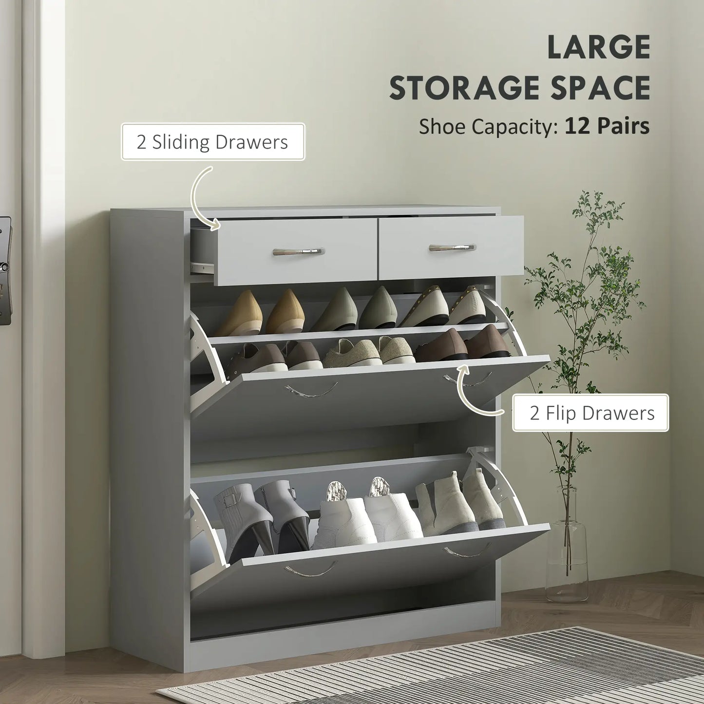 Narrow Shoe Storage, 2 Flip Drawers, Adjustable Shelves, 12 Pairs, Grey Shoe Storage Cabinets & Racks at Gallery Canada