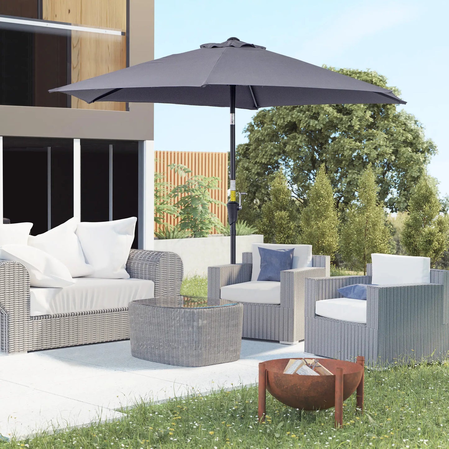 8.5FT Round Patio Umbrella, 6 Ribs, Tilt Canopy with Crank Handle, Grey Sun Umbrellas at Gallery Canada
