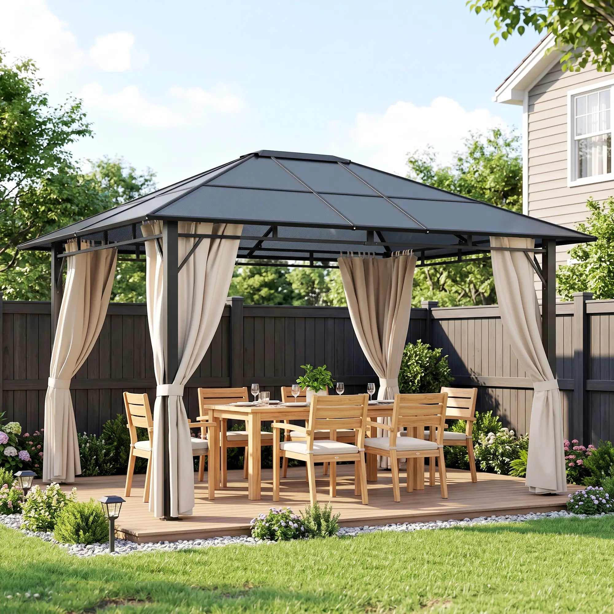 10' x 12' Hardtop Gazebo With Polycarbonate Roof, Garden Pavilion With Curtains Gazebos at Gallery Canada