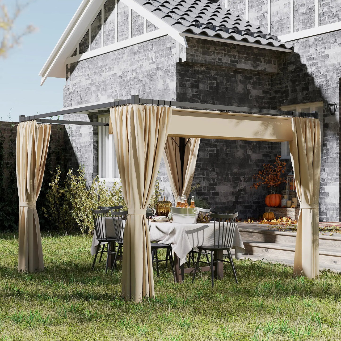 10' x 10' Retractable Pergola, Garden Gazebo with Curtains, Beige Pergolas at Gallery Canada