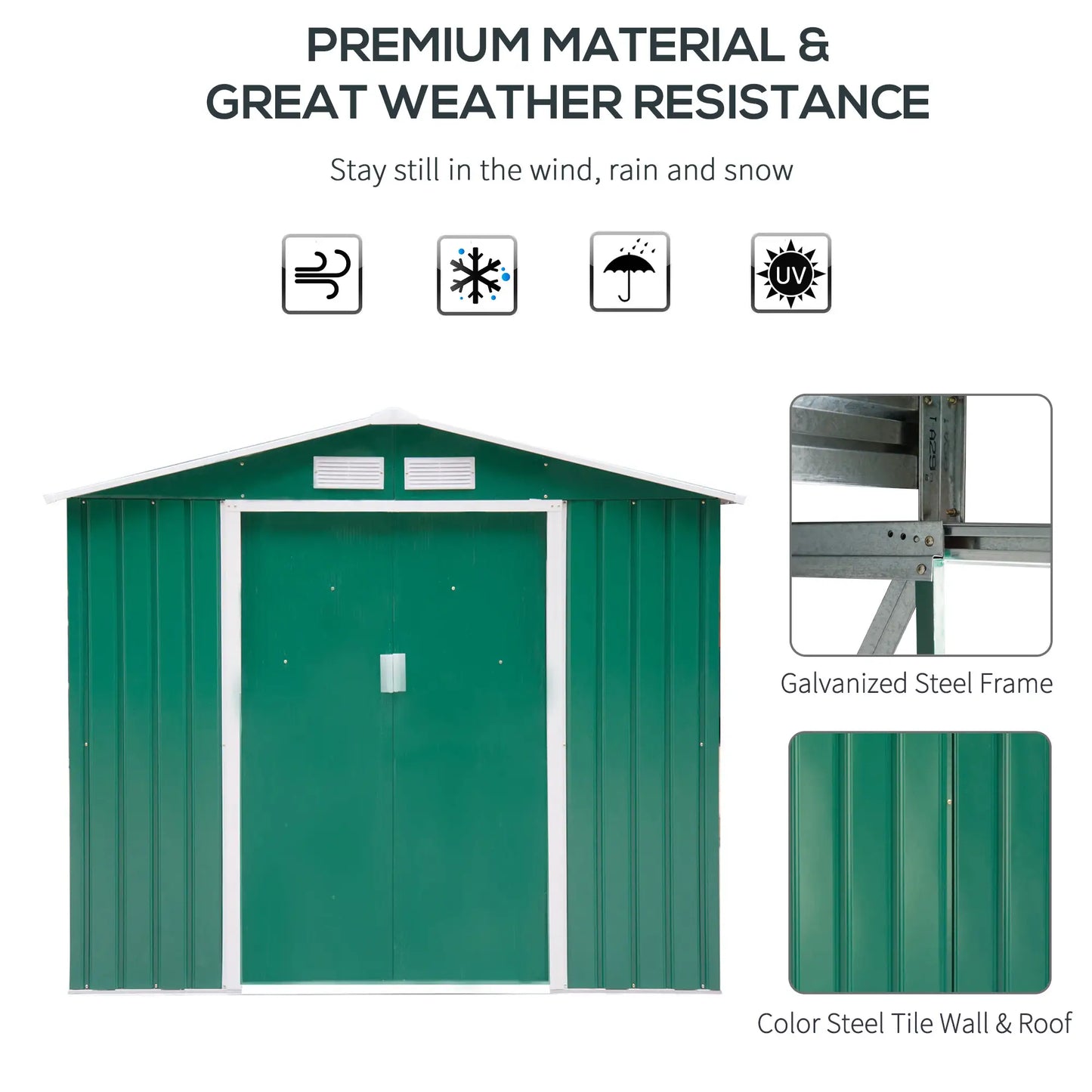7' x 4' x 6' Garden Storage Shed, Metal Tool House, Green Sheds at Gallery Canada