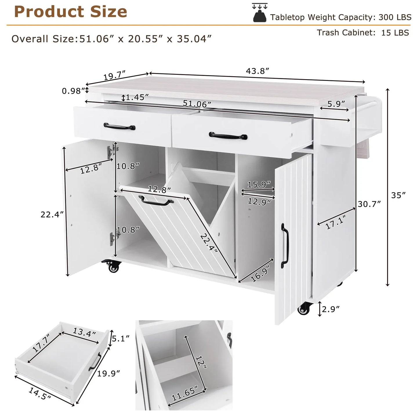 Kitchen Island with Tilt-Out Trash Cabinet, Adjustable Shelf, 51" L x 20" W x 35" H, White Kitchen Islands & Kitchen Carts at Gallery Canada