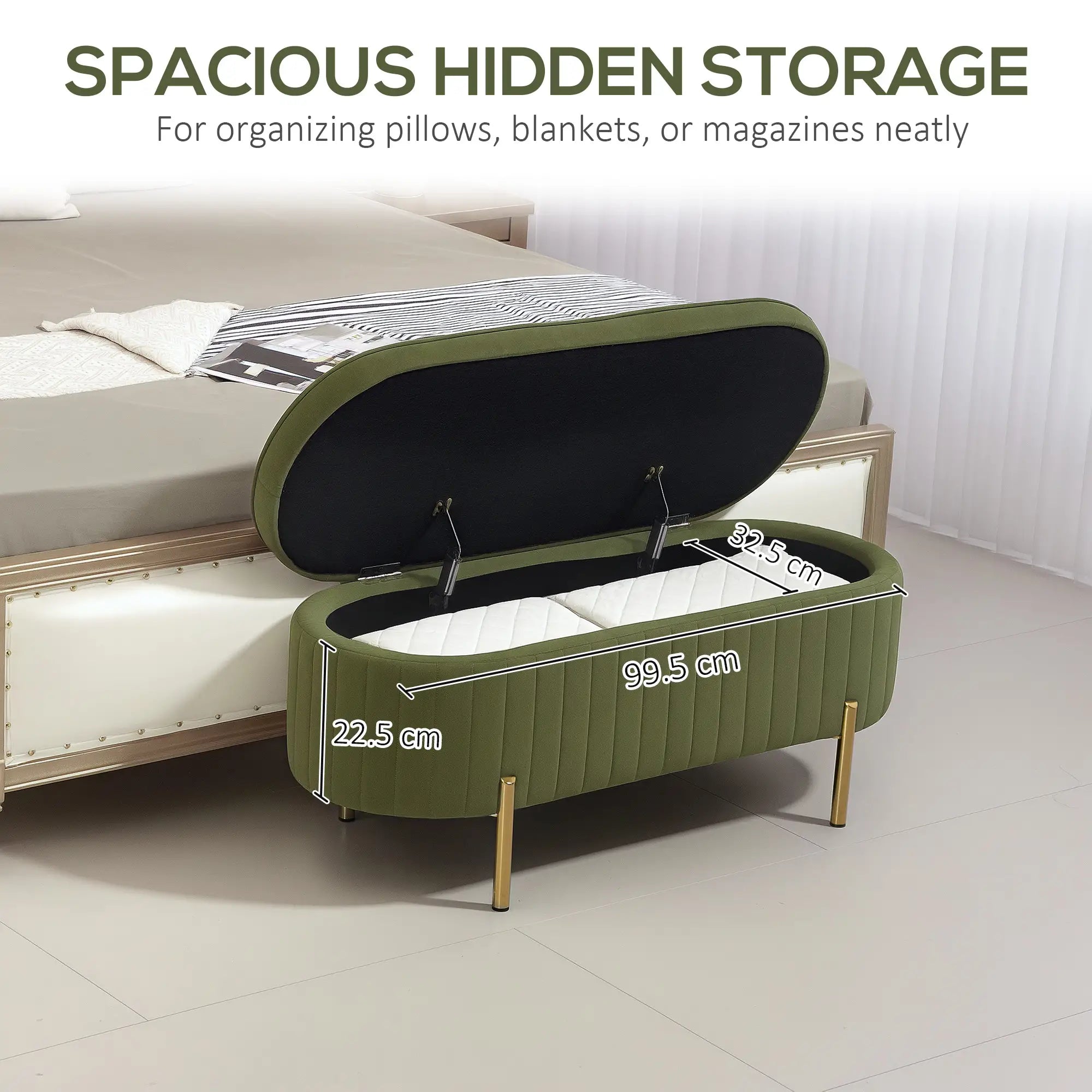 Upholstered Channel Tufted Ottoman Bench, Dark Green Storage Ottomans & Benches at Gallery Canada