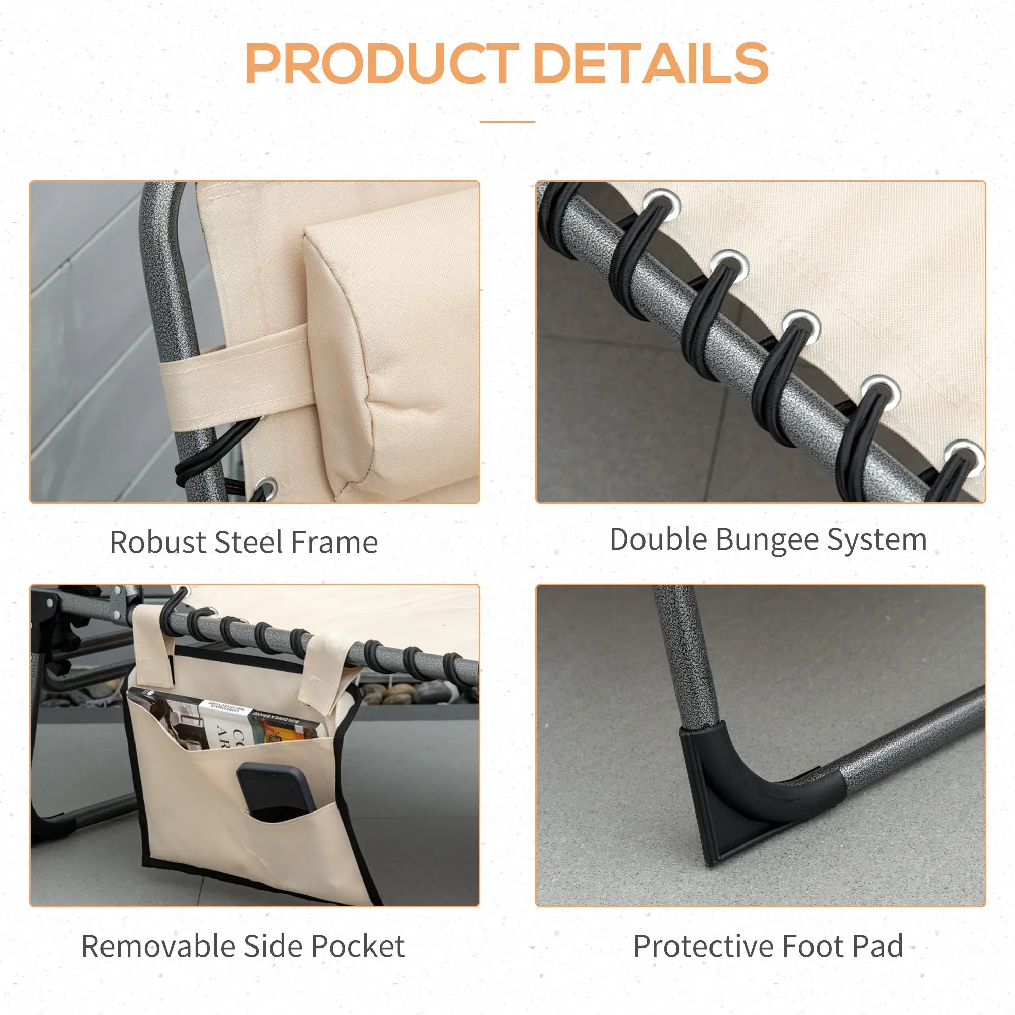 Outdoor Lounge Chair, Folding Chaise, Padded Tanning Chair, 5-Position Adjustable, Beige Lounger Chairs at Gallery Canada