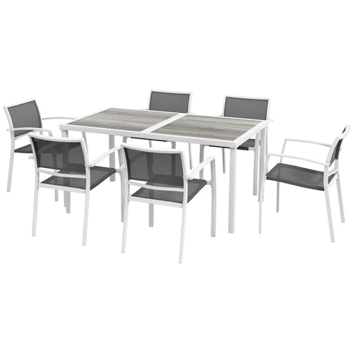 7 Pieces Outdoor Dining Set with 6 Stackable Chairs, Patio Table and Chairs with Plastic Top, Breathable Mesh Seat Back