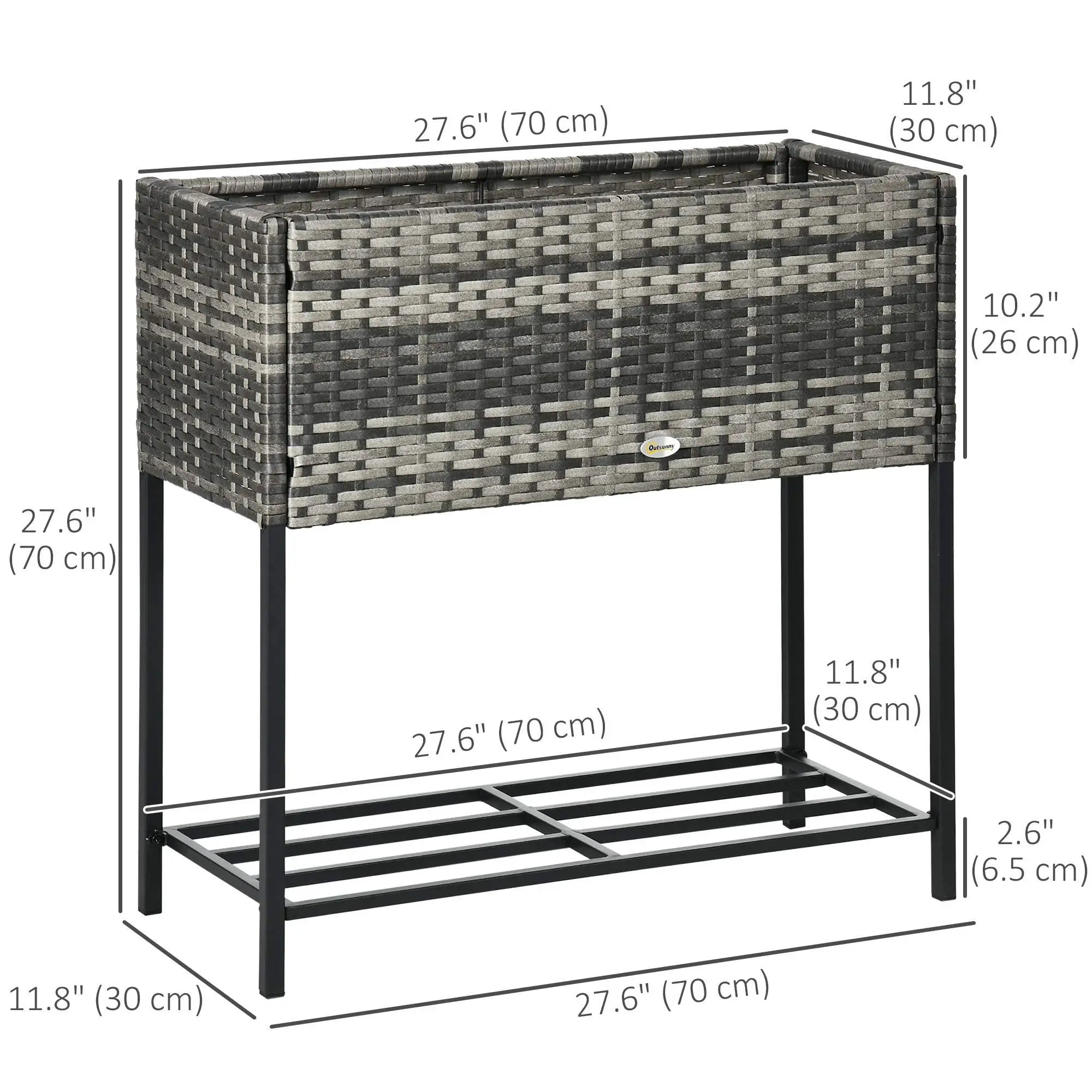 Rattan Raised Garden Box, Elevated Flower Bed with Shelf, Mixed Grey, Grey Plant Stands at Gallery Canada