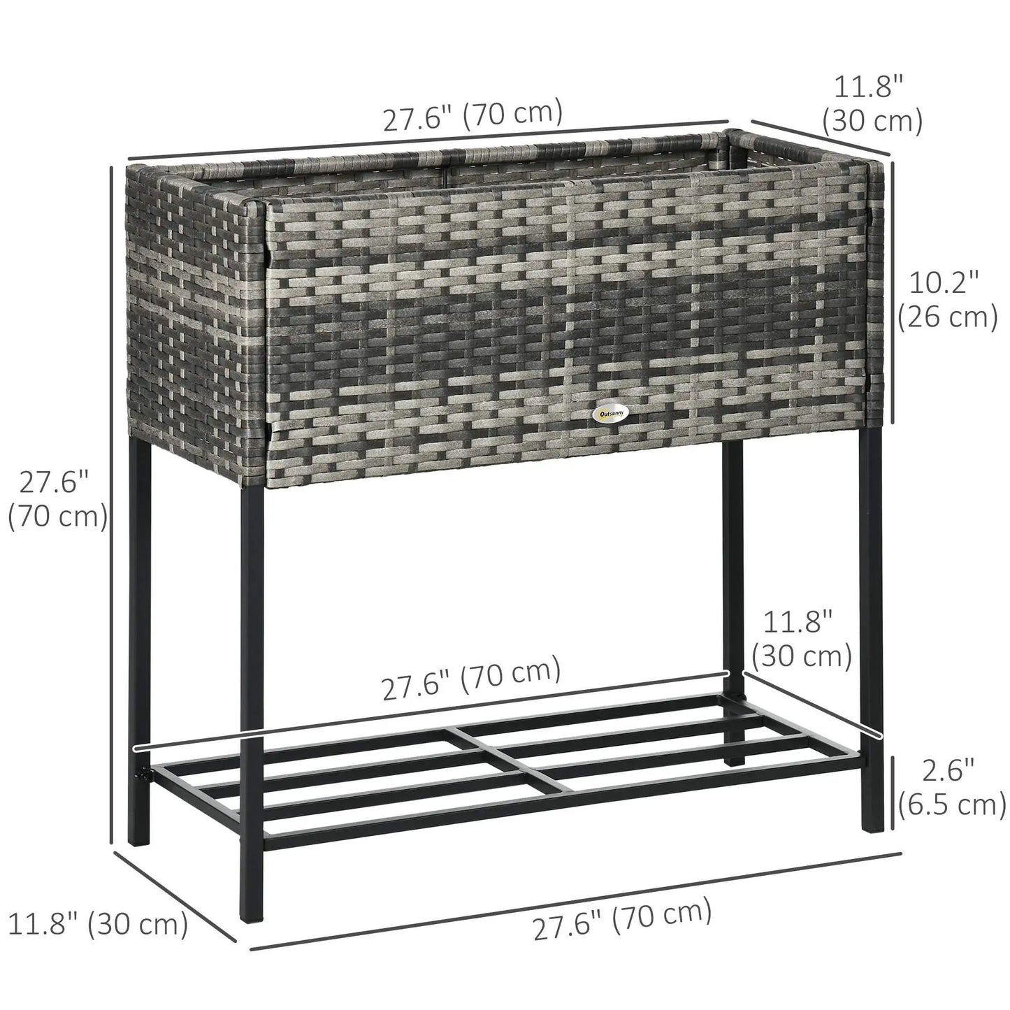 Rattan Raised Garden Box, Elevated Flower Bed with Shelf, Mixed Grey, Grey Plant Stands at Gallery Canada