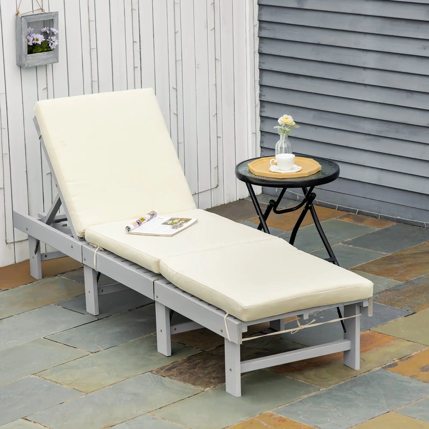 Wooden Folding Chaise Lounge, Outdoor Chair, Adjustable Back, Light Grey Chaise Loungers at Gallery Canada