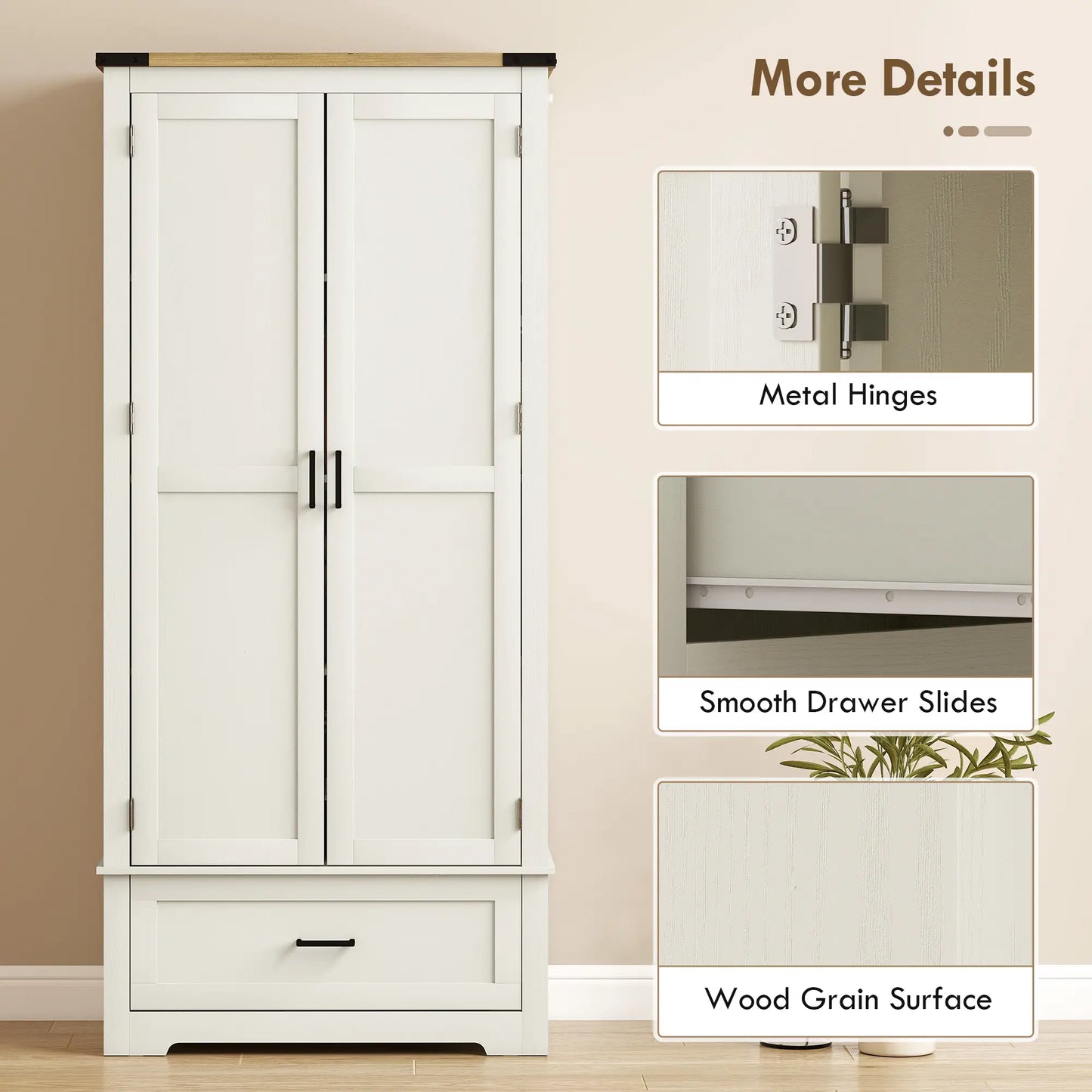 69" Tall Farmhouse Pantry Cabinet, 2 Doors, Drawer, Cream White Kitchen Pantry Cabinets at Gallery Canada